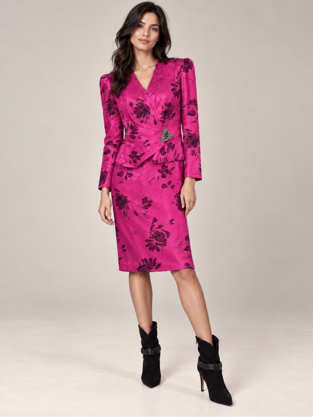 Vintage 80s Fuchsia Floral Two-Piece Skirt Suit Set Small